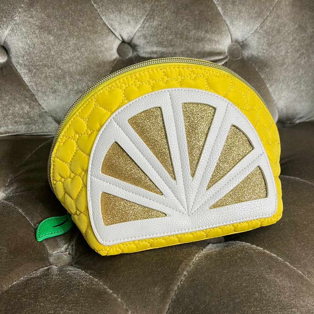 Betsey Johnson quilted lemon heart glitter toiletry makeup bag NWOT